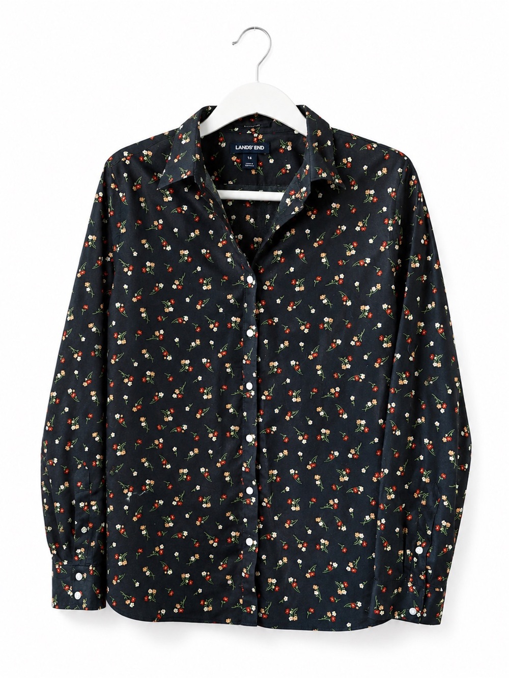 Lands' End Women’s Supima No Iron Navy Floral Button-Up Shirt